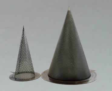 Two conical strainers made of black wire mesh cloth with sharp bottom.