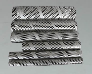 Several different sizes of perforated filter tubes made with perforated round holes and spiral metal mesh.