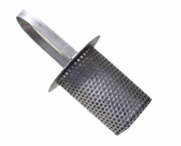Basket filter made of perforated metal mesh with a long handle.
