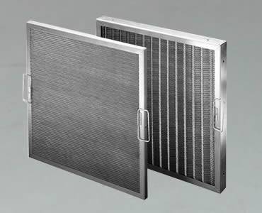 Two square panel filters with handles made of stainless steel wire mesh plated black zinc.