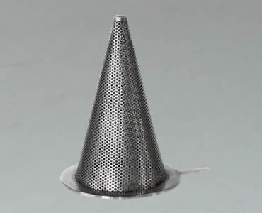 Conical strainer made of perforated mesh with sharp bottom and a handle shank.