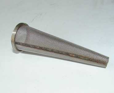 Conical strainer made of woven mesh cloth with two open ends.