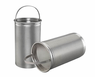 Two basket filters made of perforated metal mesh and each filter with a handle.