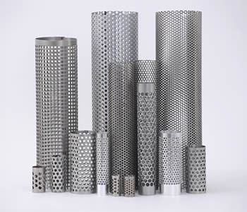 Several different kinds of perforated filter tubes stand on the white background.