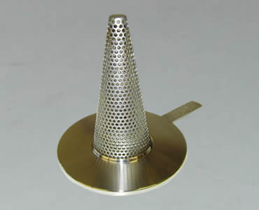 Conical strainer made of perforated mesh with flat bottom and a handle shank.