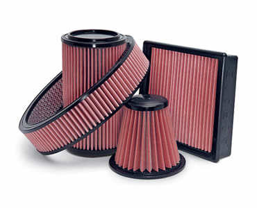 Various shapes of air filters painted in red color.